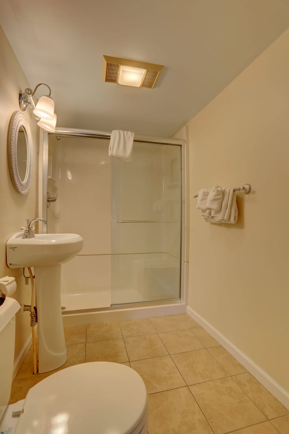 Shower, free toiletries, towels, soap