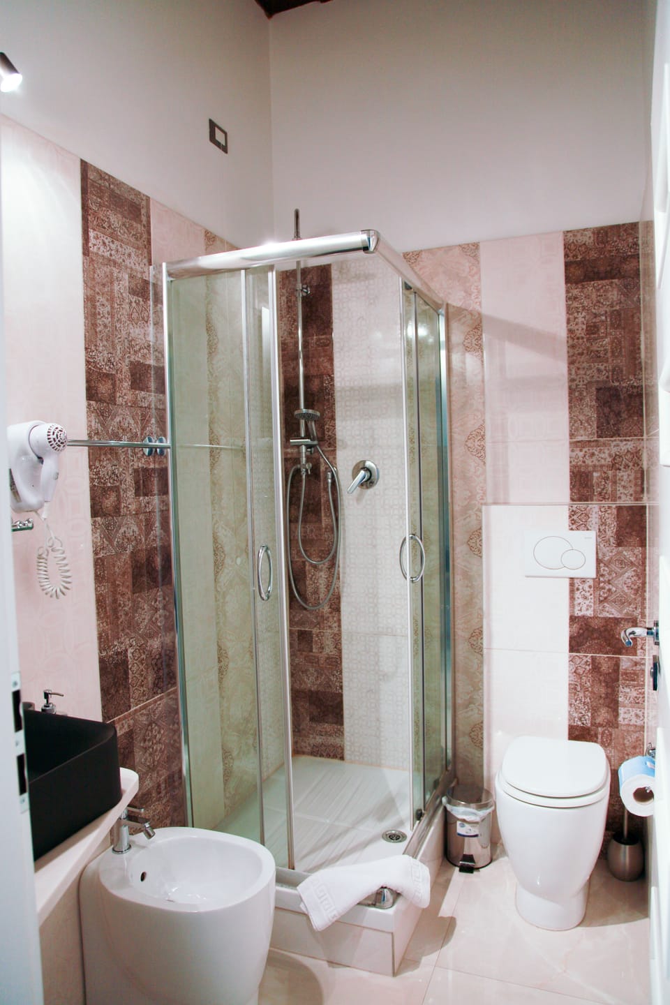 Hair dryer, bidet, towels, soap