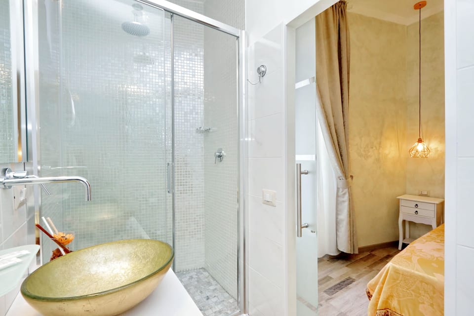 Shower, rainfall showerhead, hair dryer, bathrobes