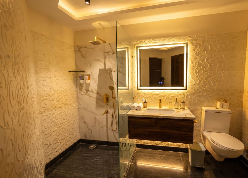 Shower, free toiletries, hair dryer, slippers