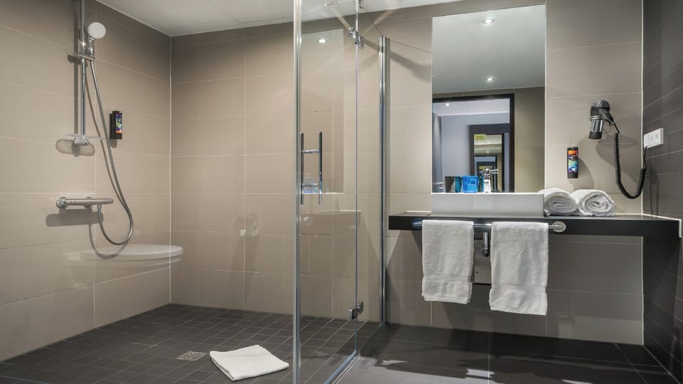 Shower, hair dryer, towels
