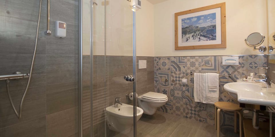 Combined shower/tub, hair dryer, bathrobes, slippers