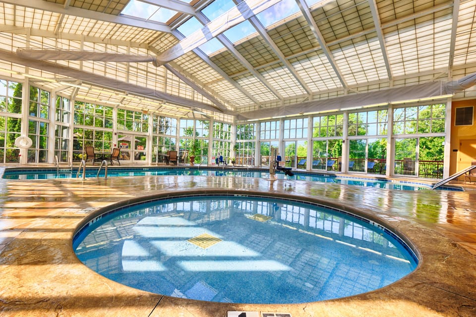 Indoor pool, seasonal outdoor pool, pool umbrellas