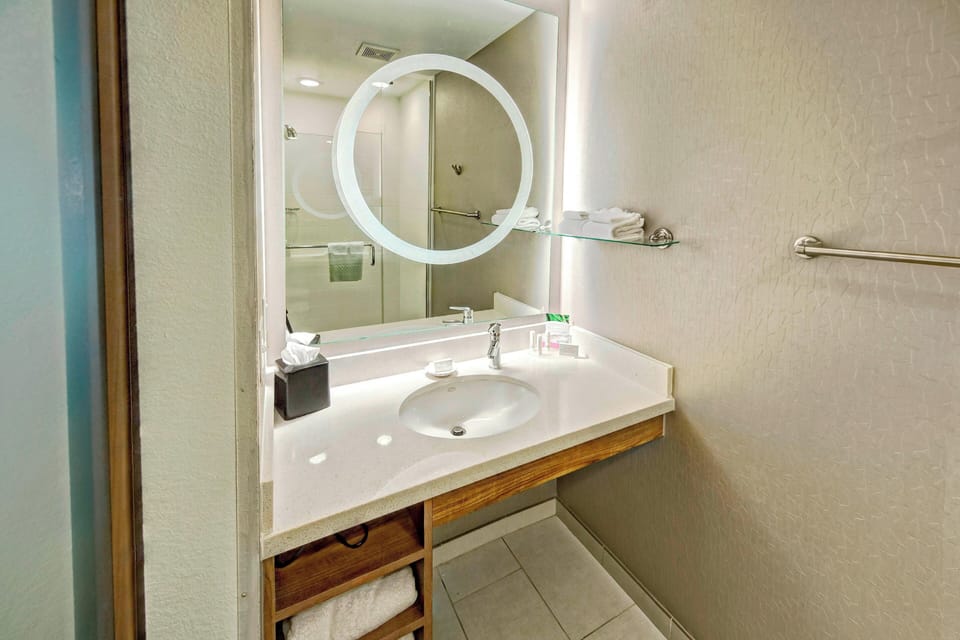 Combined shower/tub, free toiletries, hair dryer, towels