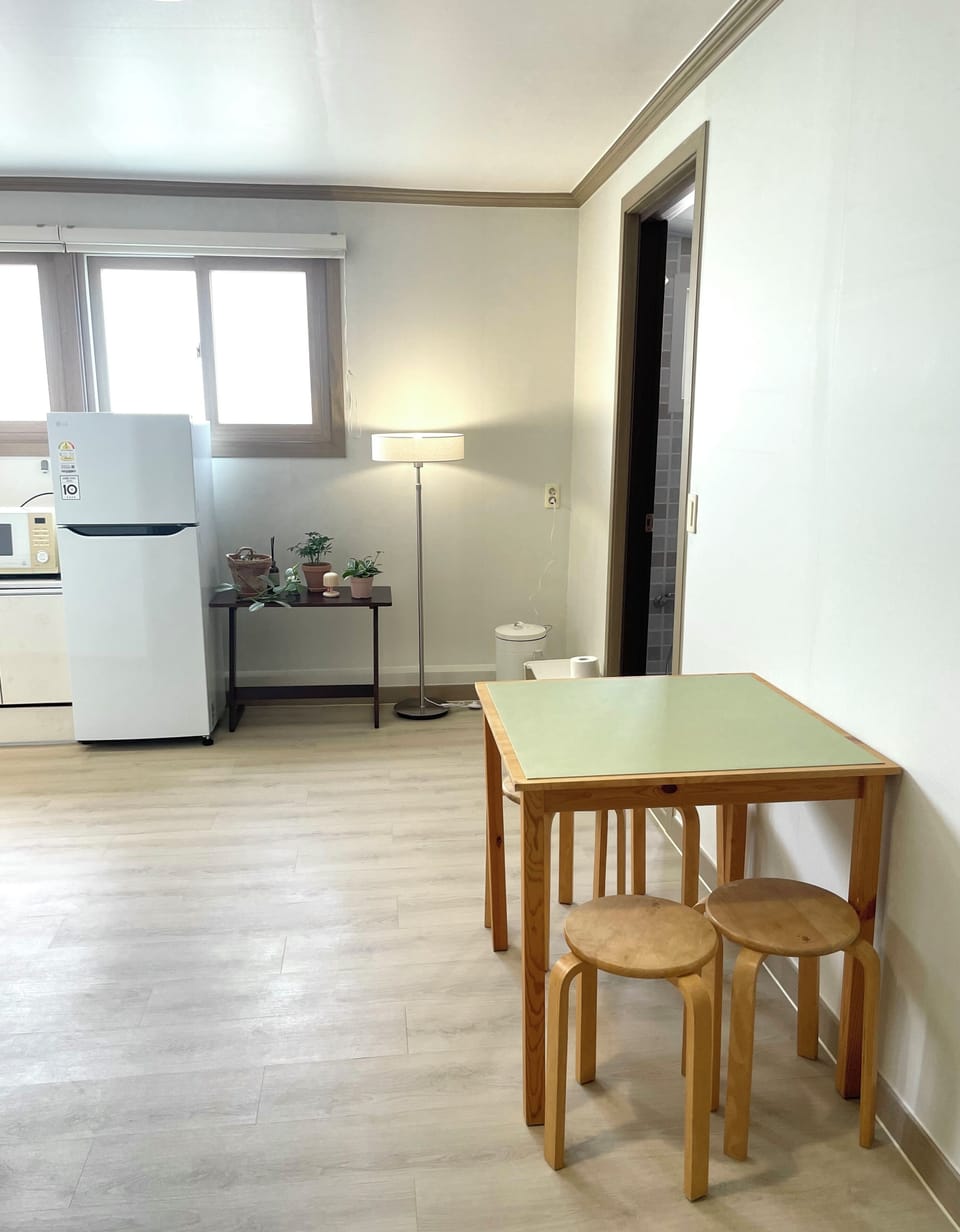 Shared fridge, microwave, cookware/dishes/utensils, freezer