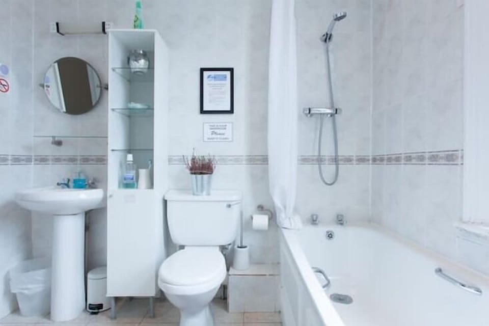 Shower, hair dryer, towels, toilet paper