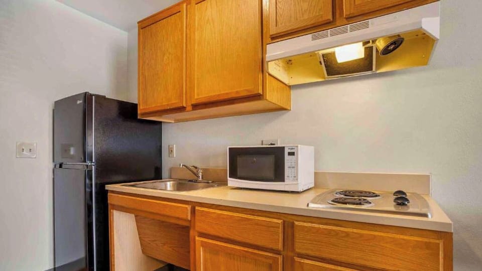 Full-size fridge, microwave, stovetop, freezer