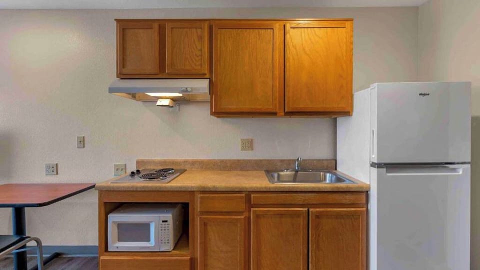 Full-size fridge, microwave, stovetop, freezer