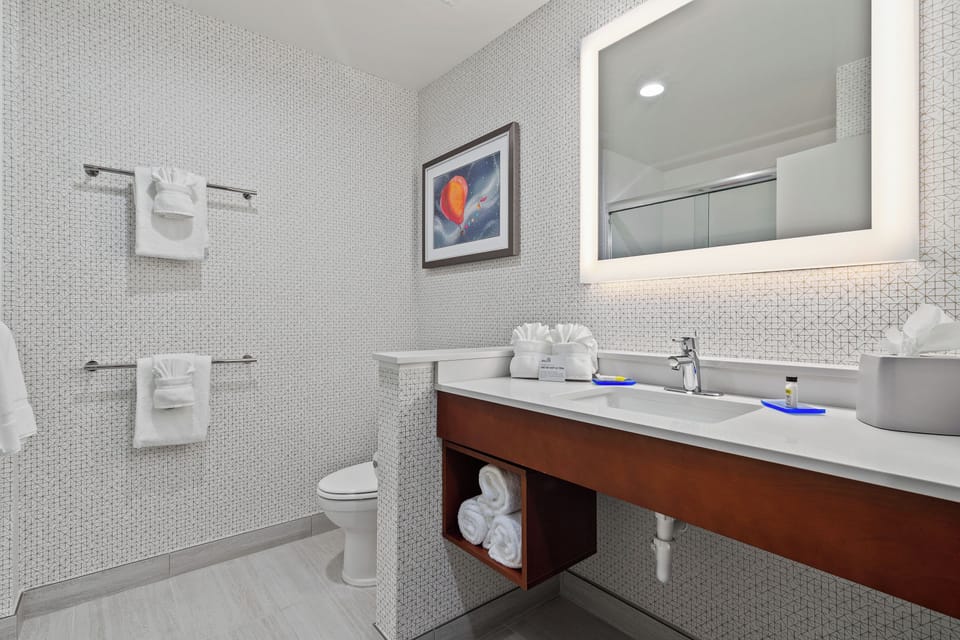 Hair dryer, towels, soap, shampoo