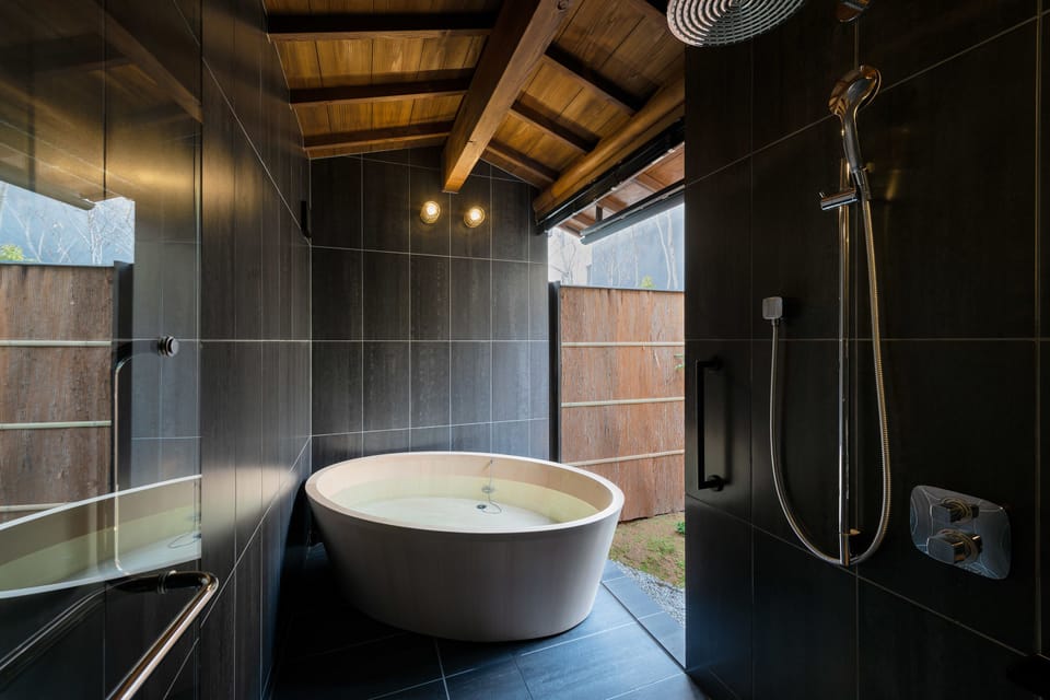 Luxury Room, 1 King Bed (with Semi-Outdoor Bath) | Bathroom | Separate tub and shower, deep soaking tub, rainfall showerhead