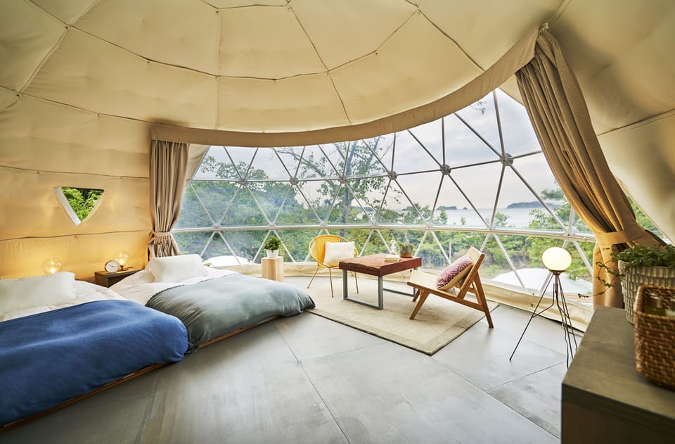 Glamp Ocean Iseshima Bay Terrace Private type Domes, Shared Bathroom | Premium bedding, down comforters, free WiFi, bed sheets