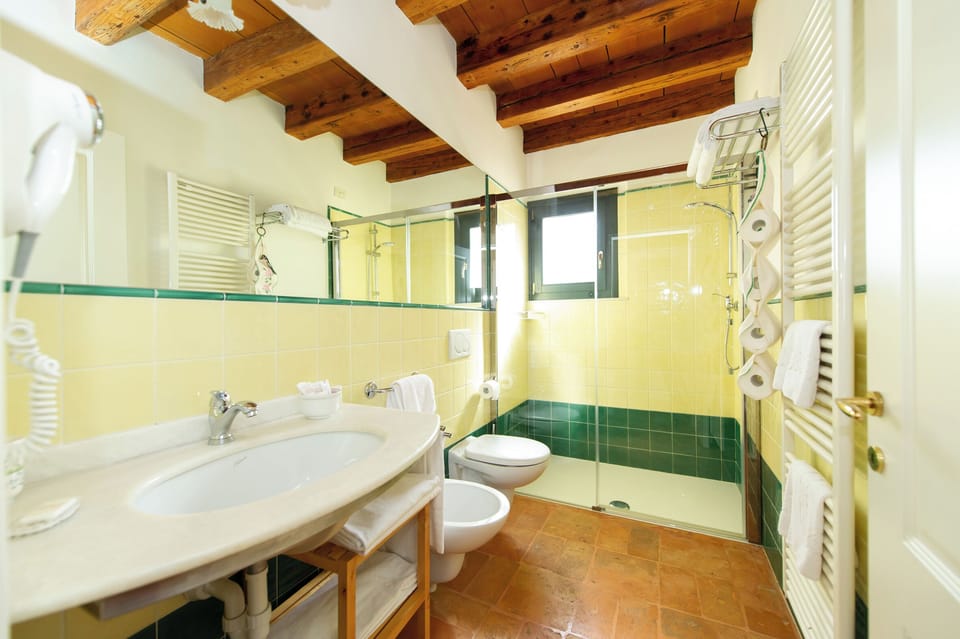 Shower, rainfall showerhead, free toiletries, hair dryer