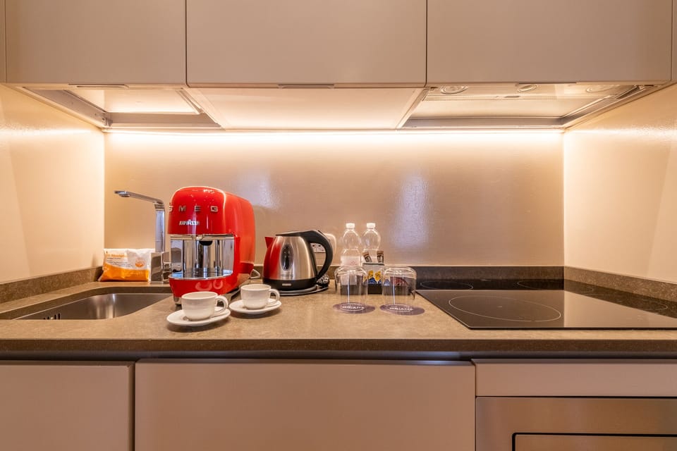 Fridge, microwave, stovetop, coffee/tea maker