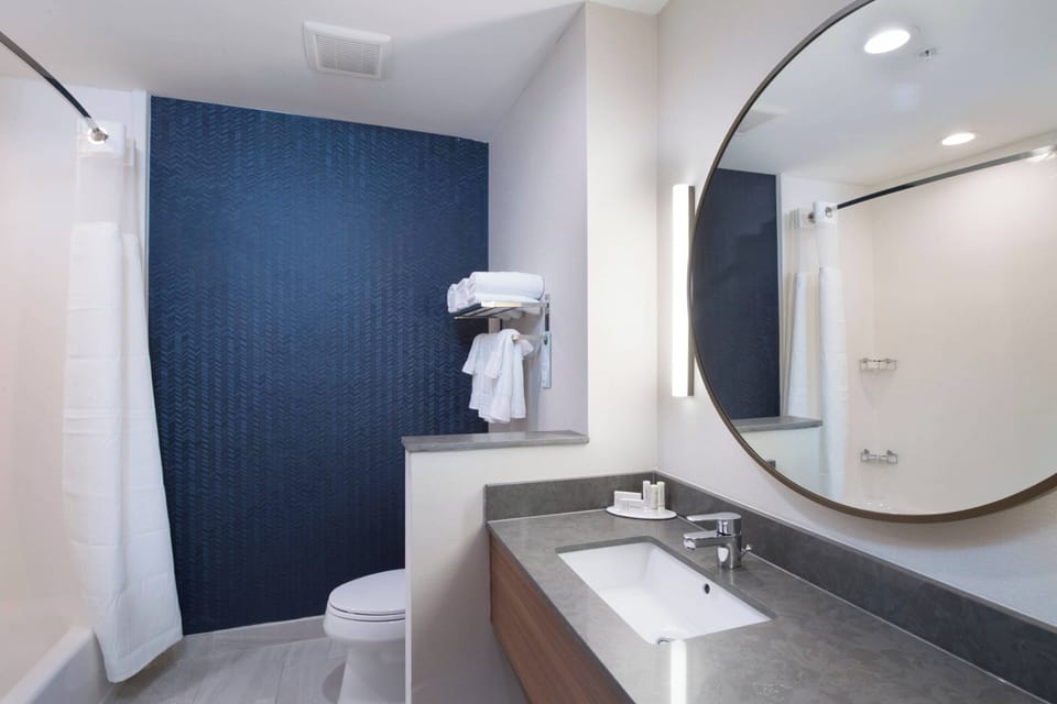 Combined shower/tub, free toiletries, hair dryer, towels