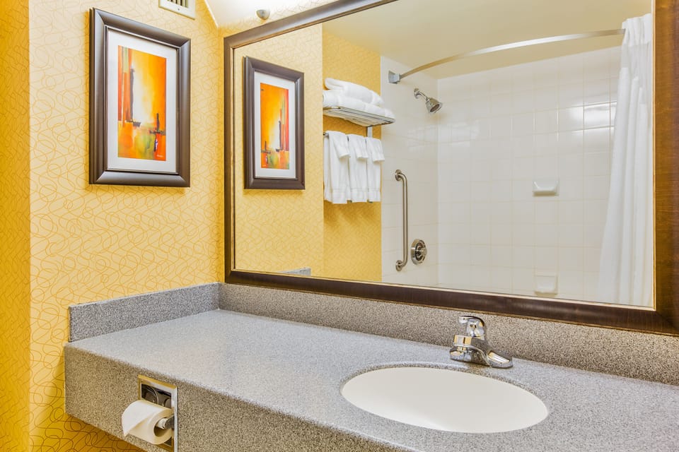 Combined shower/tub, free toiletries, hair dryer, towels