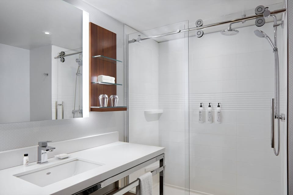 Designer toiletries, hair dryer, towels