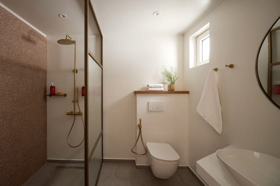 Aegean Junior Suite | Bathroom | Shower, rainfall showerhead, free toiletries, hair dryer