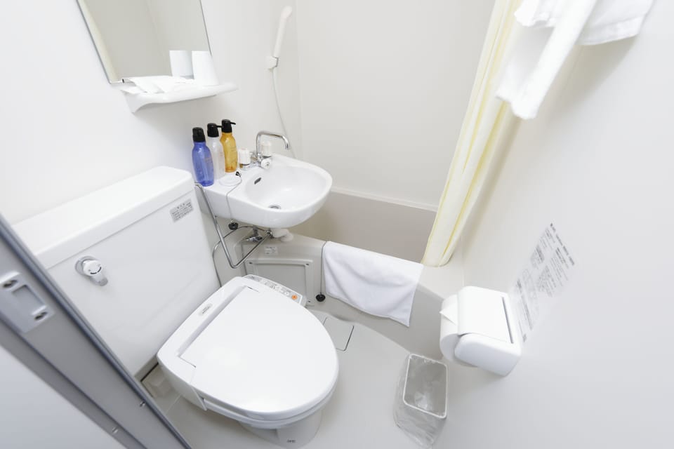 Combined shower/tub, free toiletries, hair dryer, slippers