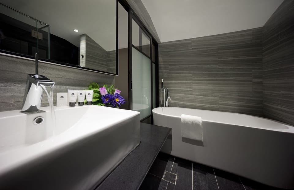 Shower, hair dryer, towels, shampoo
