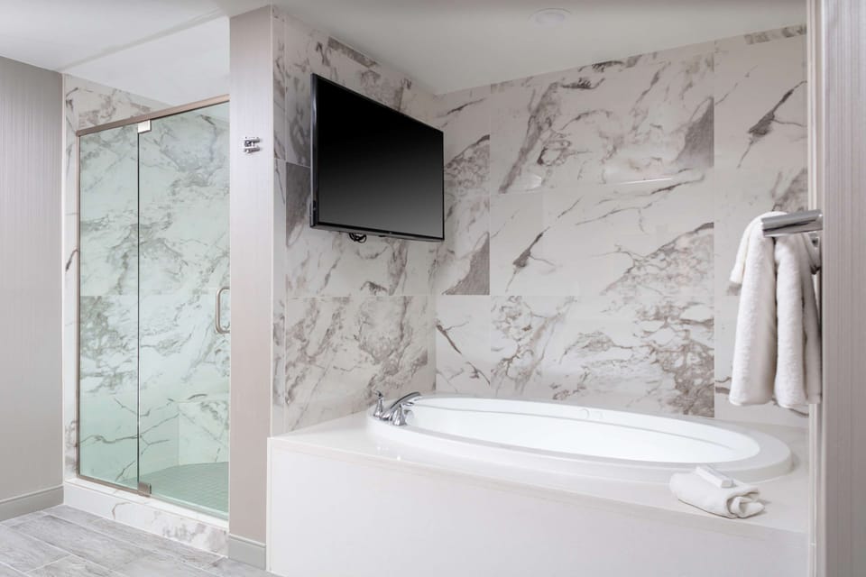 Combined shower/tub, free toiletries, hair dryer, towels