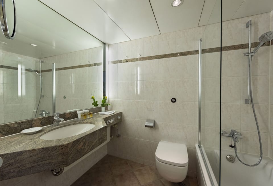 Combined shower/tub, free toiletries, hair dryer, bathrobes