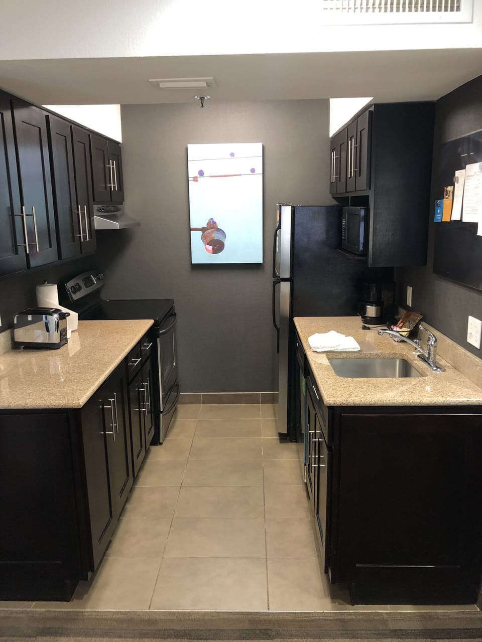 Fridge, coffee/tea maker, toaster, cookware/dishes/utensils