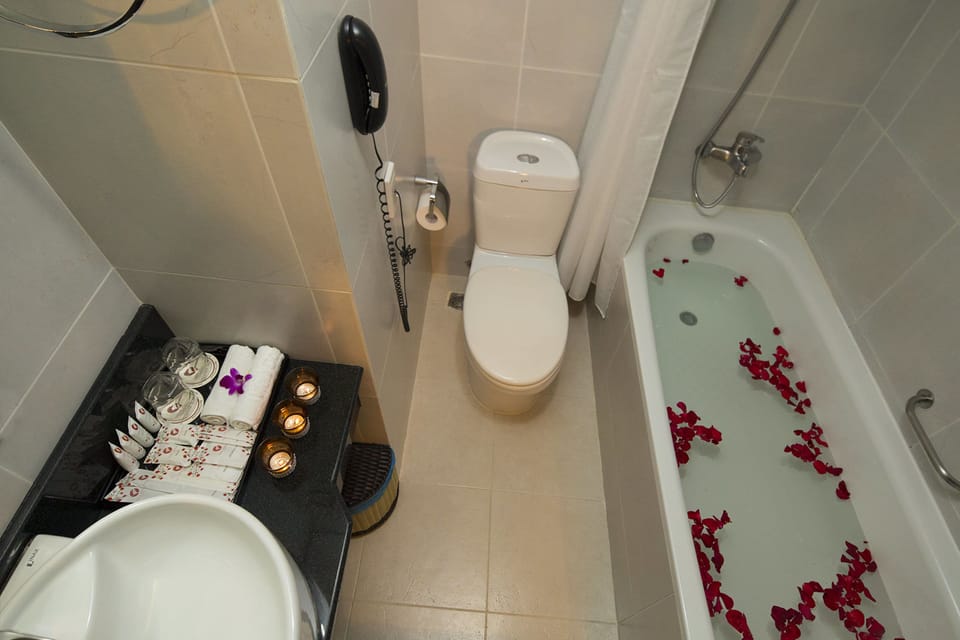 Bathtub, free toiletries, hair dryer, bathrobes