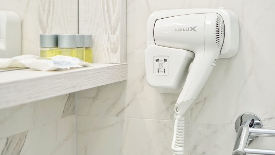 Free toiletries, hair dryer, towels, soap