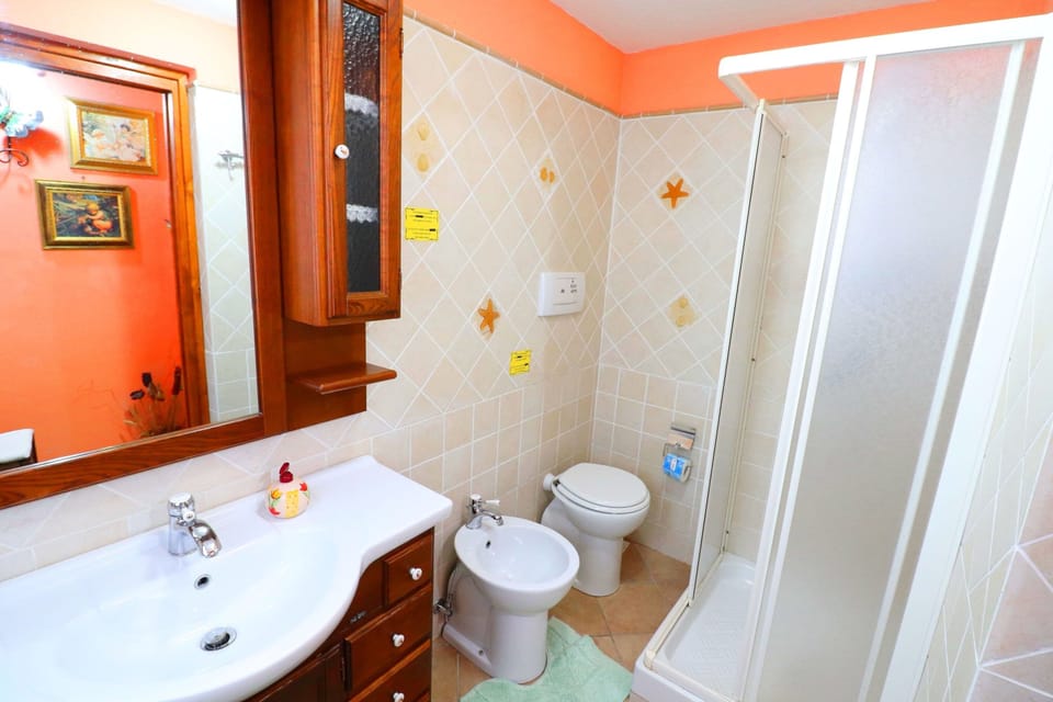 Shower, rainfall showerhead, bidet, towels