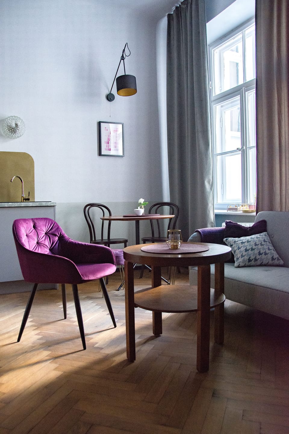 Desk, laptop workspace, blackout drapes, iron/ironing board