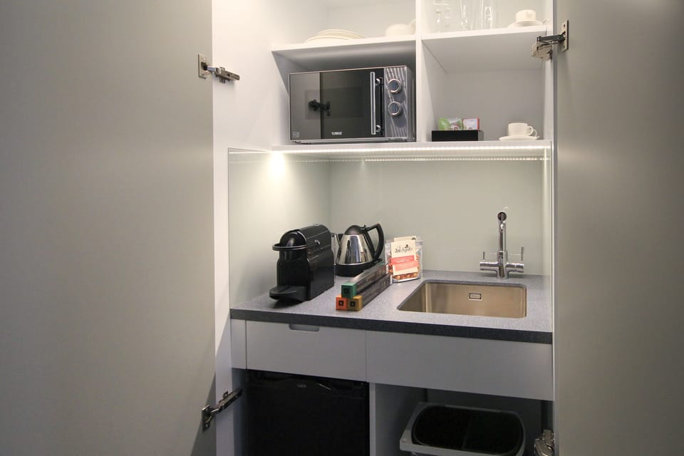 Fridge, microwave, espresso maker, electric kettle
