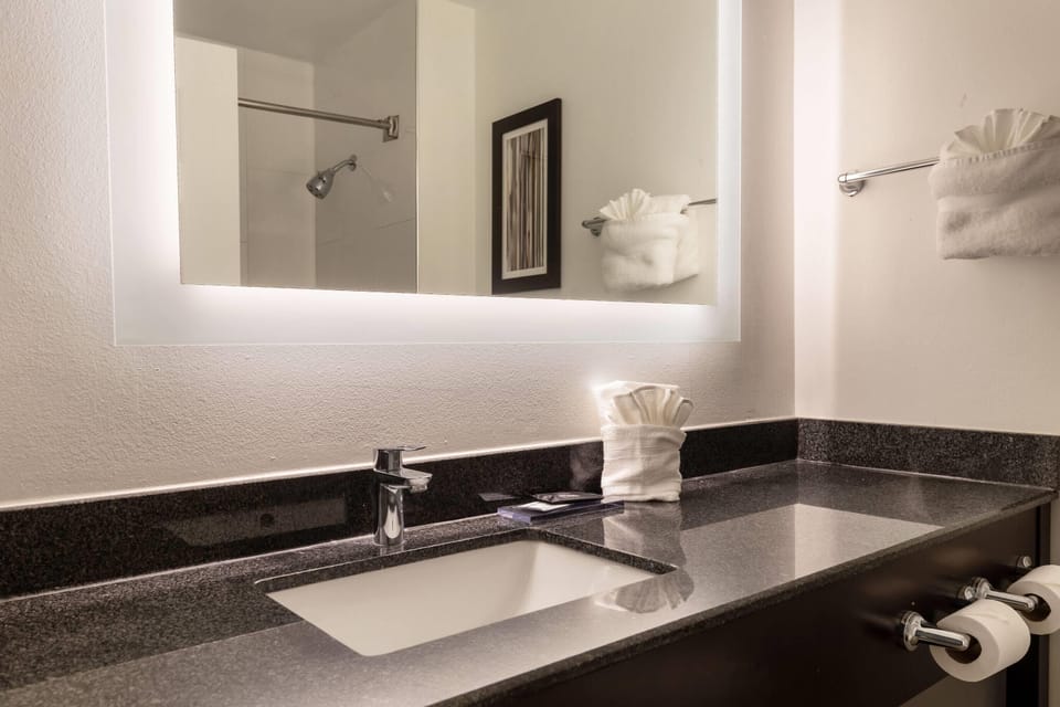 Combined shower/tub, free toiletries, hair dryer, towels