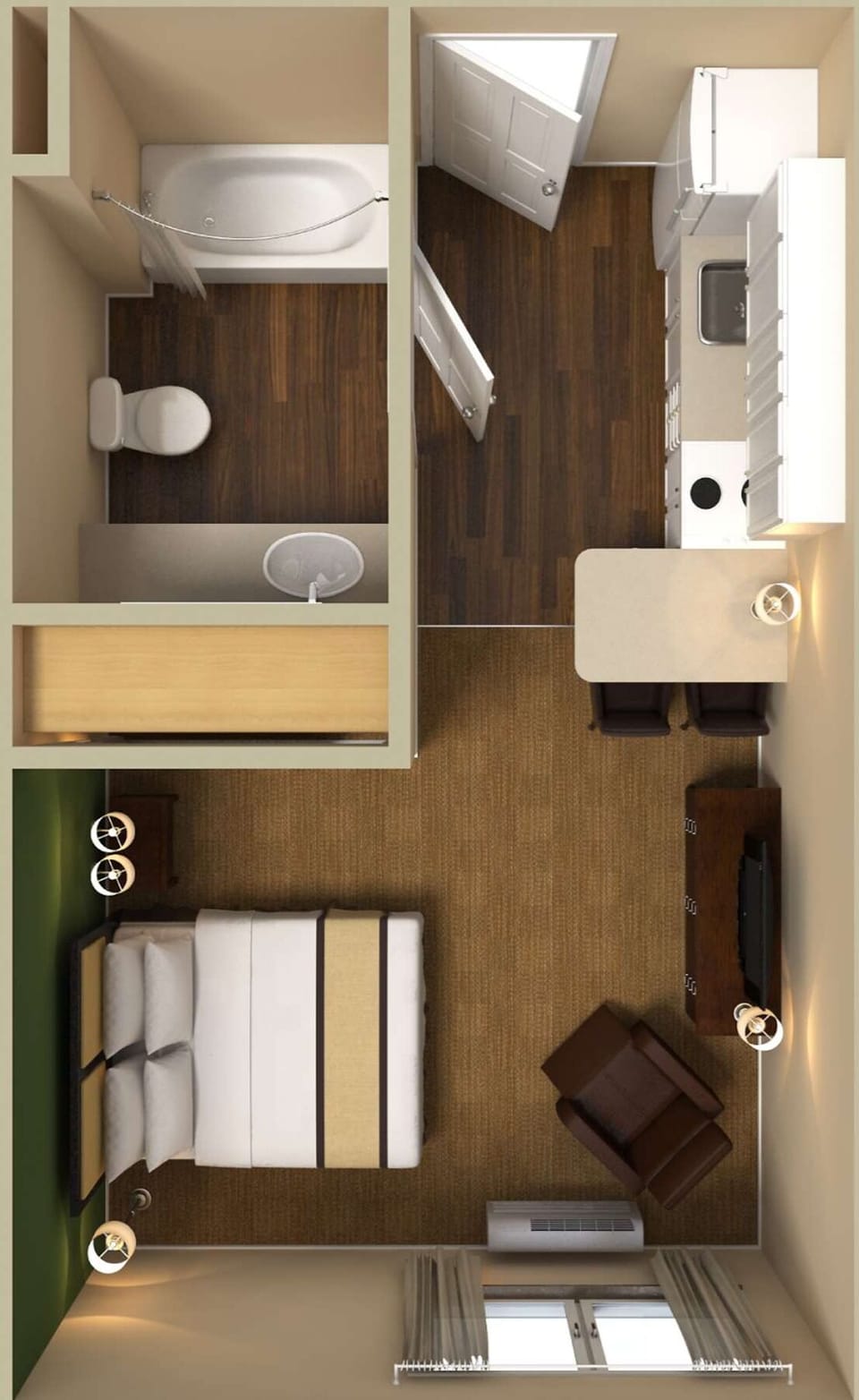 Desk, laptop workspace, blackout drapes, iron/ironing board