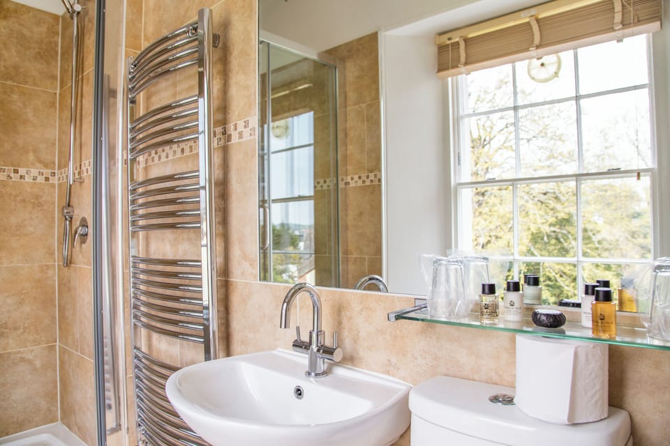 Shower, designer toiletries, hair dryer, towels