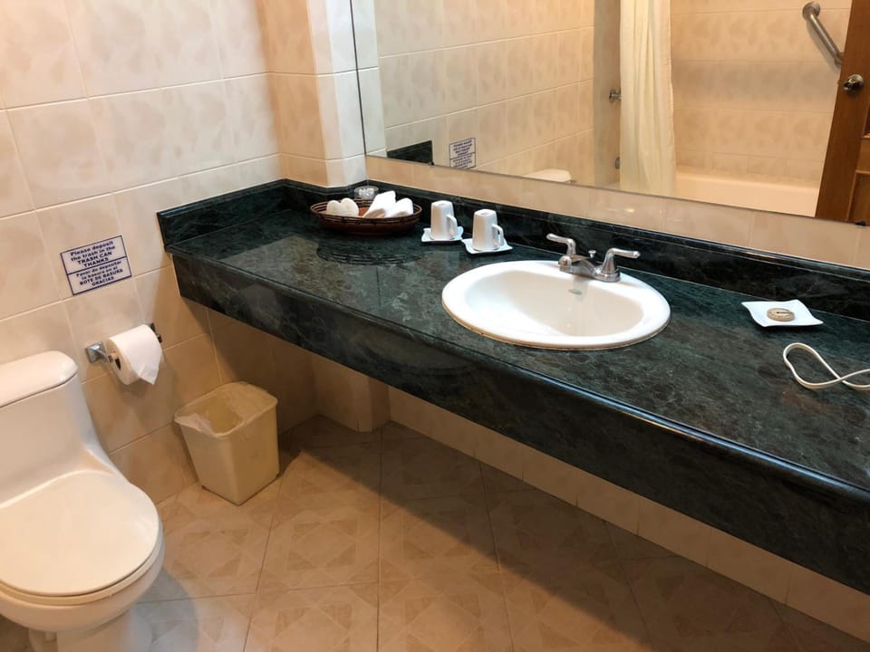 Combined shower/tub, deep soaking tub, free toiletries, hair dryer