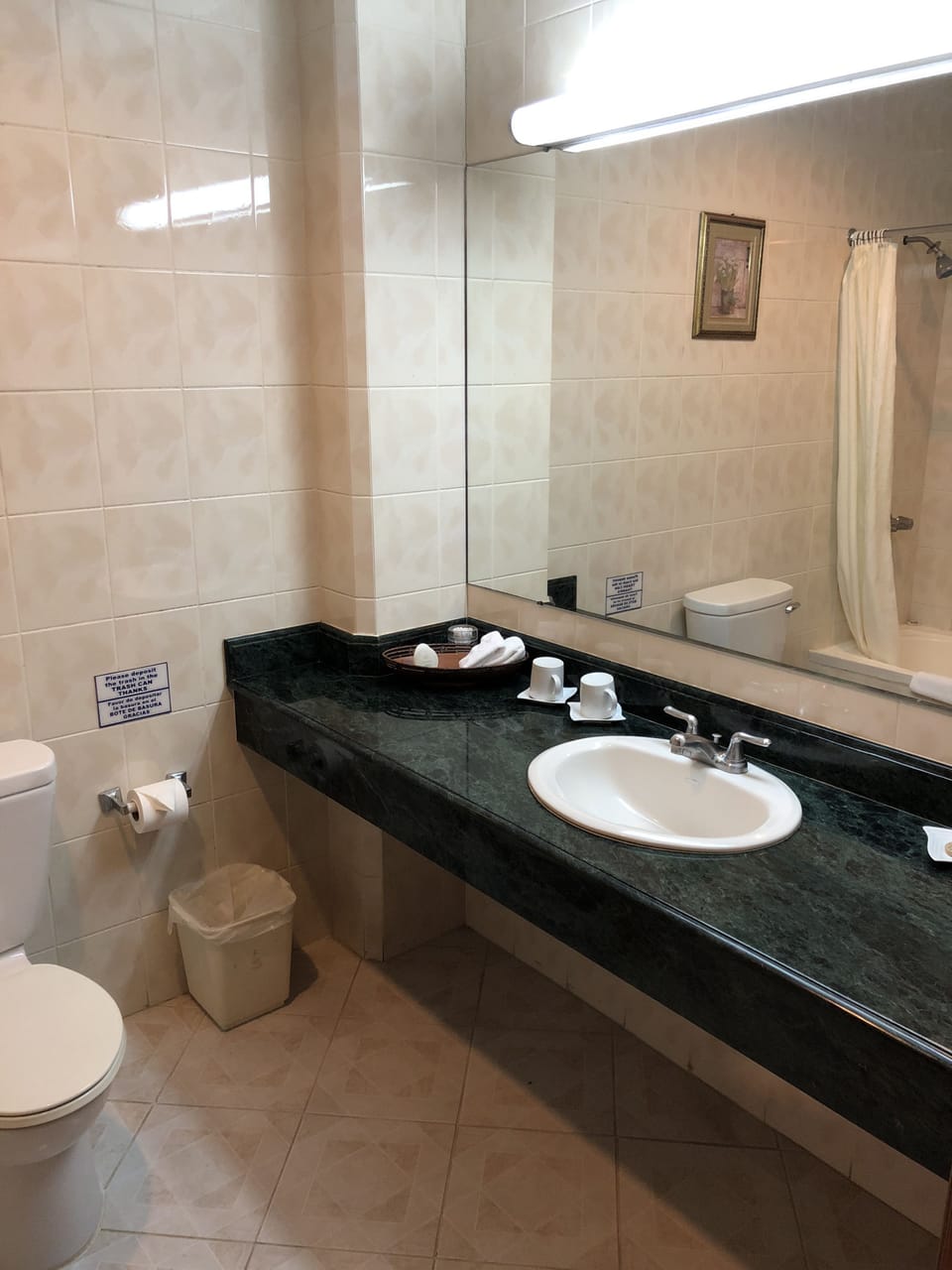 Combined shower/tub, deep soaking tub, free toiletries, hair dryer