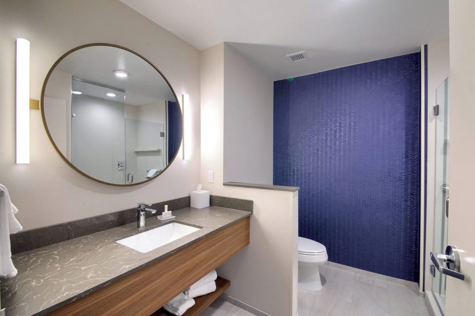 Combined shower/tub, free toiletries, hair dryer, towels