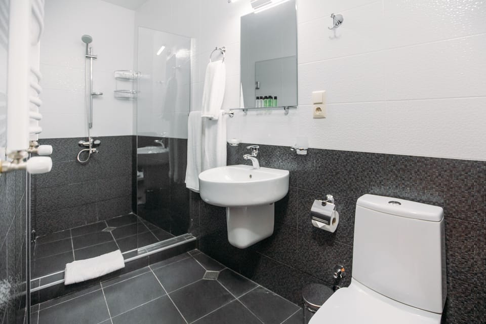 Shower, free toiletries, hair dryer, slippers