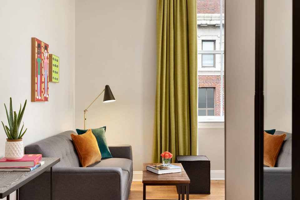 Premium bedding, pillowtop beds, desk, laptop workspace