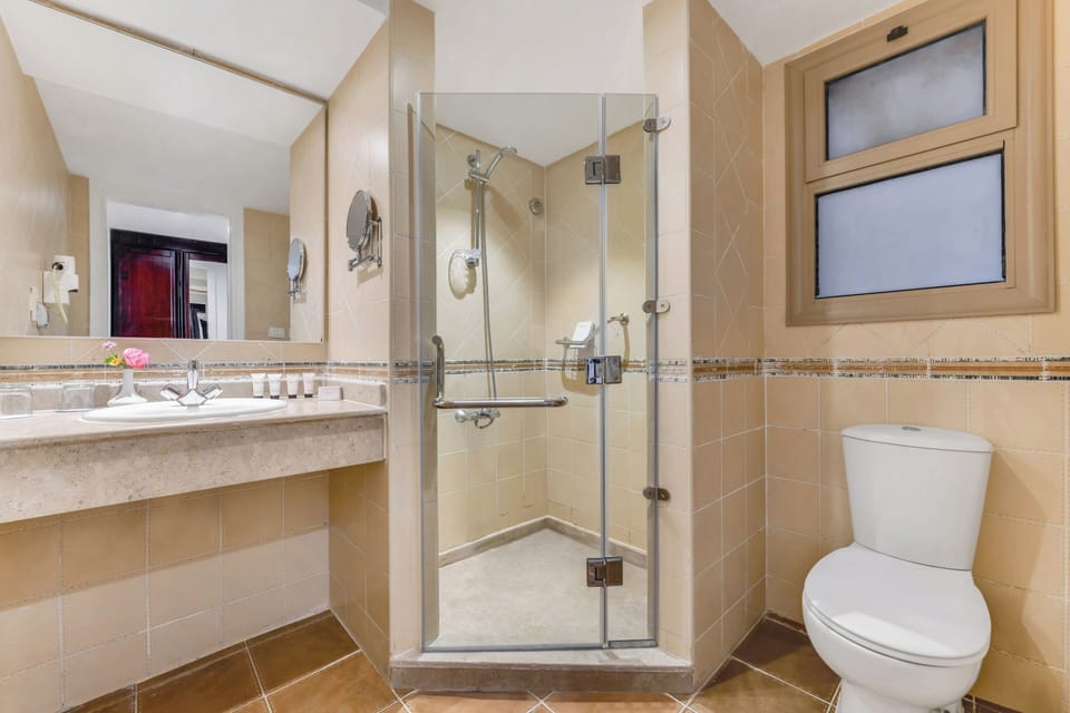Shower, free toiletries, hair dryer, bathrobes