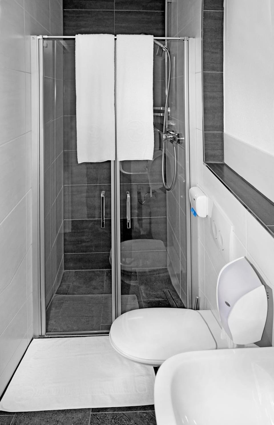 Shower, free toiletries, hair dryer, towels