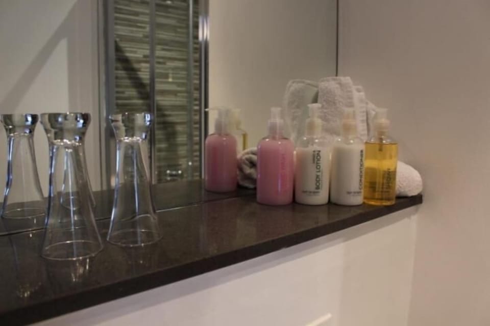 Shower, free toiletries, hair dryer, towels