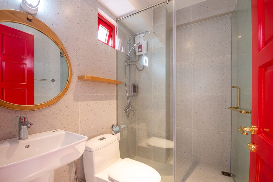 Shower, rainfall showerhead, hair dryer, slippers