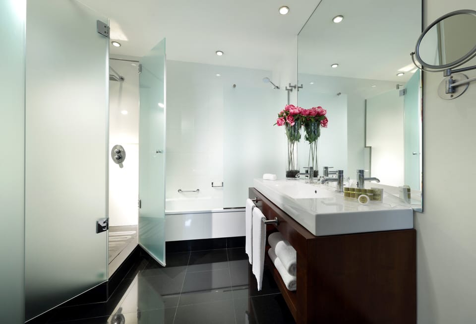 Separate tub and shower, eco-friendly toiletries, hair dryer, towels