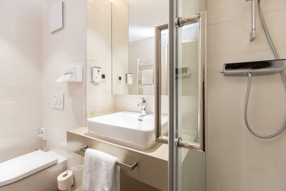 Eco-friendly toiletries, hair dryer, towels
