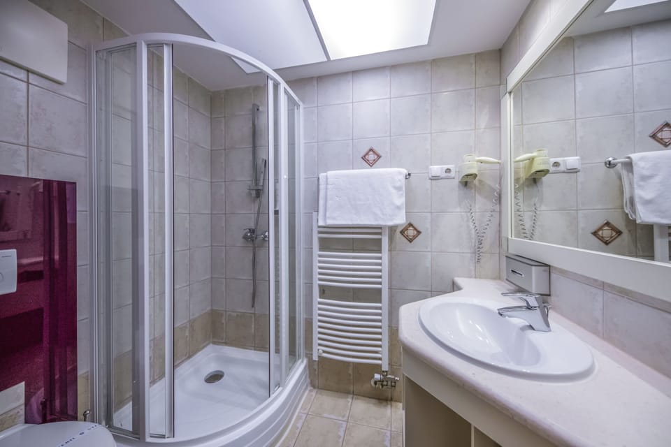 Shower, free toiletries, hair dryer, bathrobes
