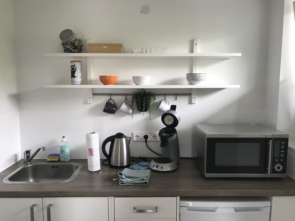 Fridge, microwave, coffee/tea maker, toaster