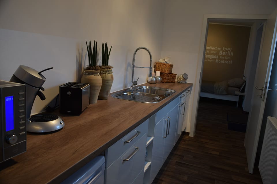 Fridge, microwave, coffee/tea maker, toaster