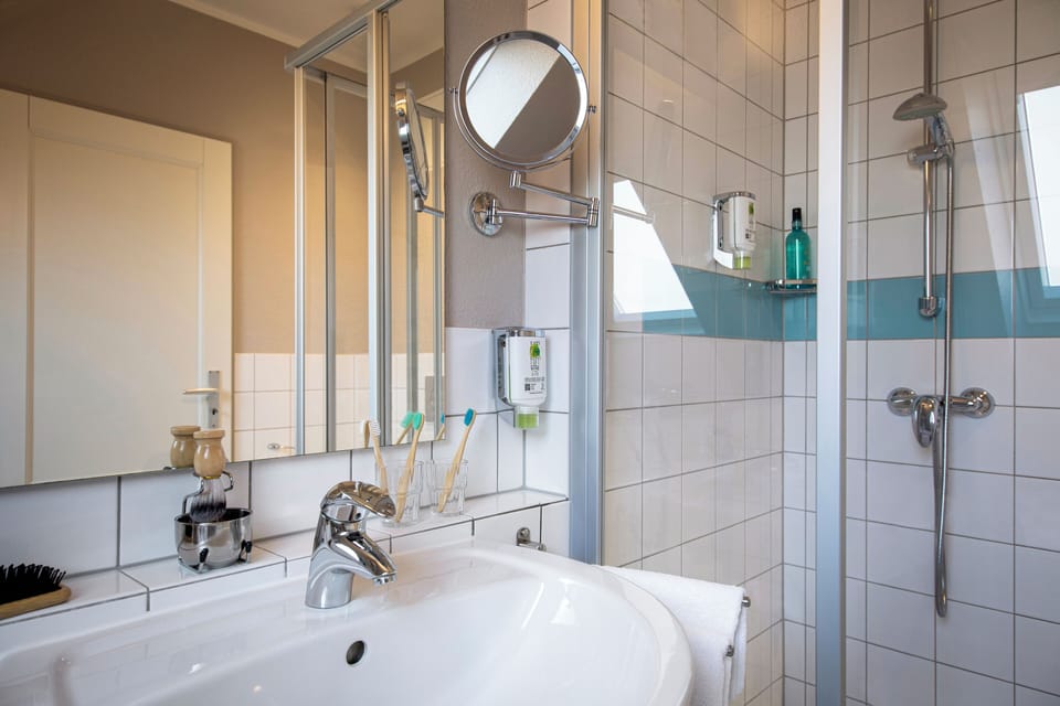 Shower, free toiletries, hair dryer, bathrobes