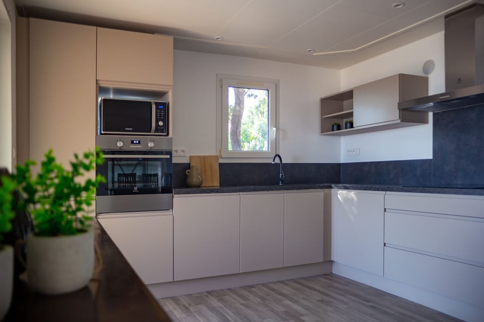 Full-size fridge, microwave, stovetop, dishwasher